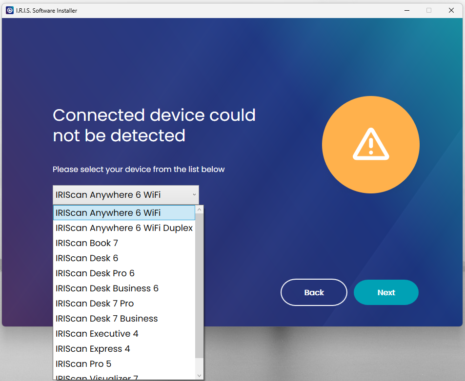 Capture d'écran de la liste de sélection des appareils